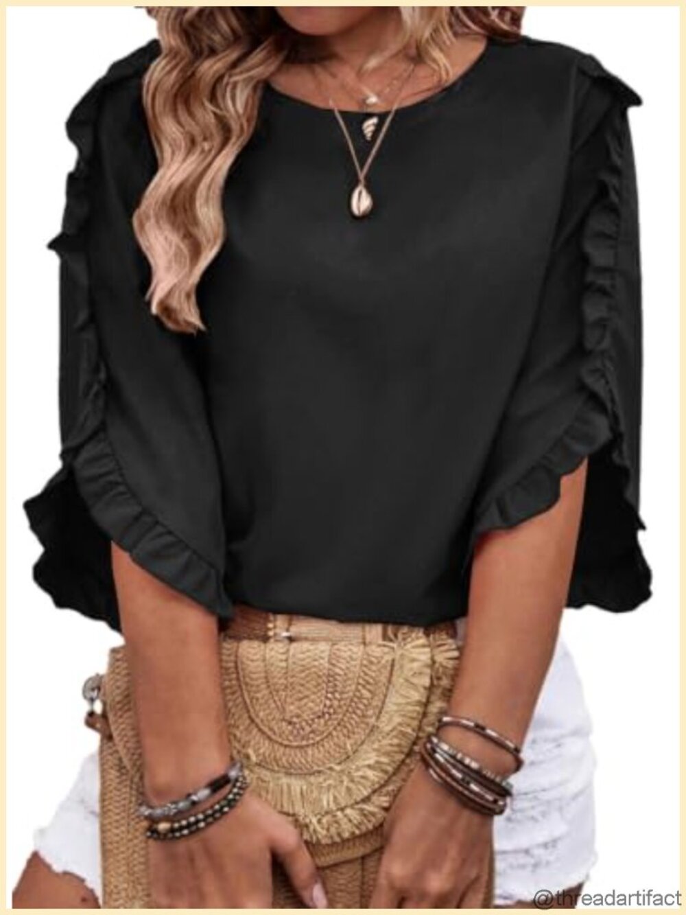 Plus Size Dressy Casual Blouse 3/4 Sleeve Ruffle Trim Crewneck Top